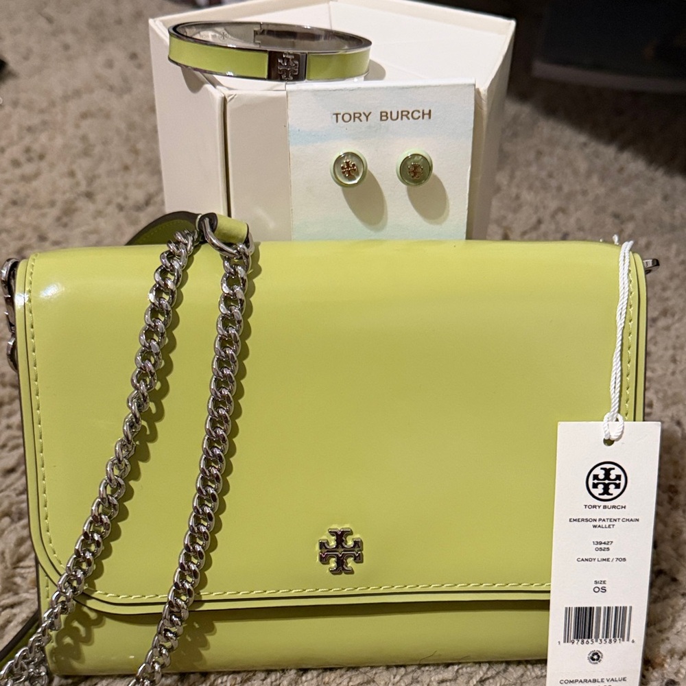 Tory Burch Lime Crossbody Chain Wallet Earrings and Bangle set